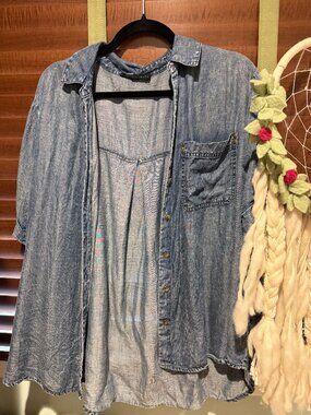 Jane & Delancey Short Sleeve Chambray Button Down Shirt XL Blue High Low Tunic
